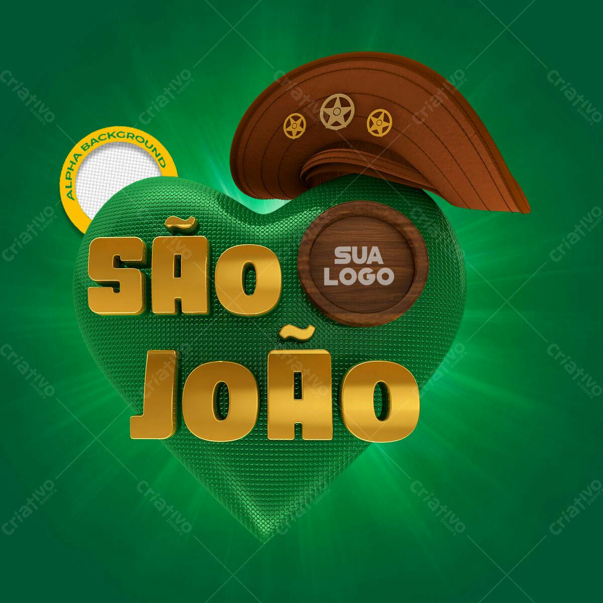 PSD Festa Junina com Coração Verde e Dourado Editável