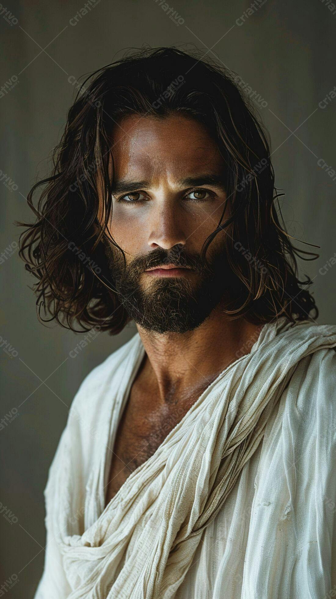 Homem barbudo com cabelo longo e roupa branca