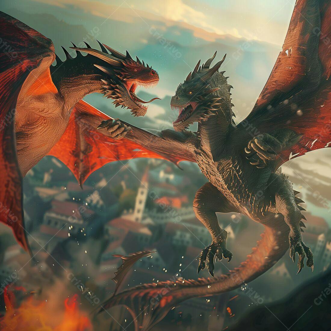 Dragões em combate sobre cidade medieval