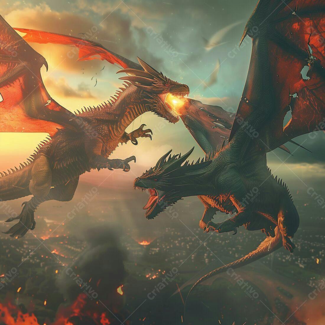 Dragões em combate ao pôr do sol