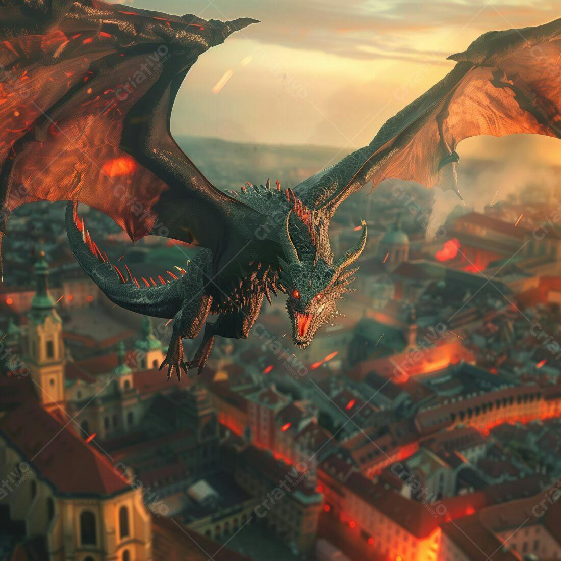 Dragão Negro sobre Cidade em Chamas