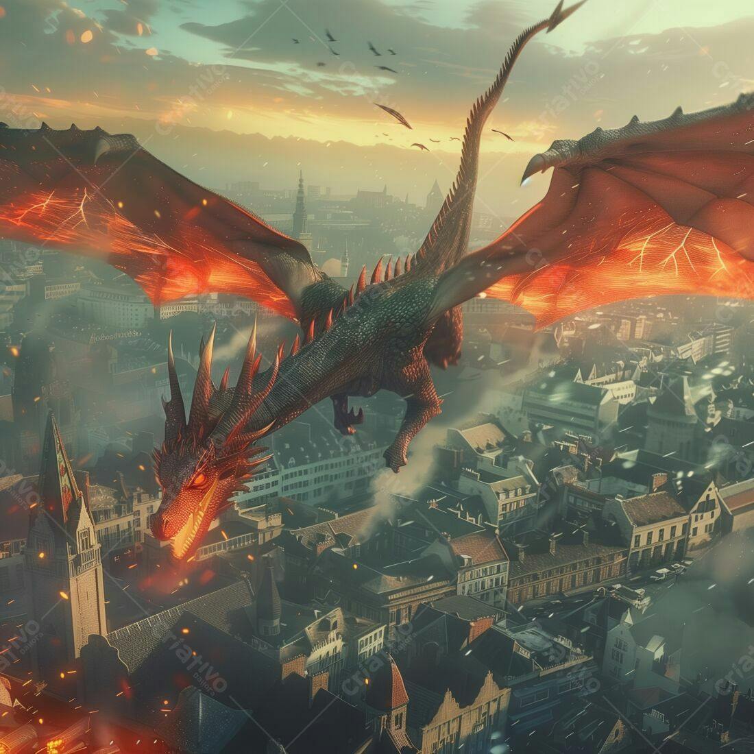 Dragão sobrevoando cidade medieval ao entardecer
