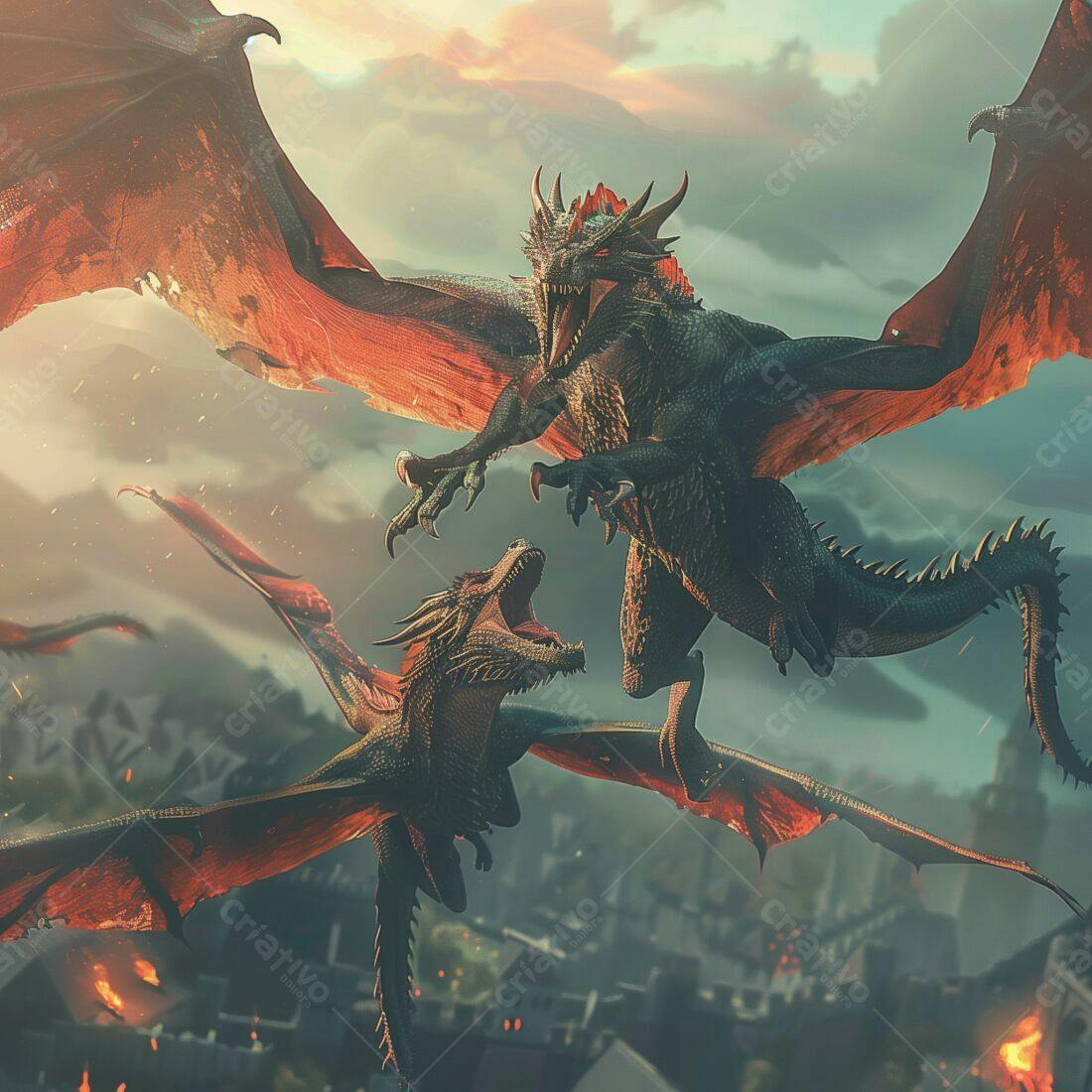 Dragões em combate aéreo cidade medieval