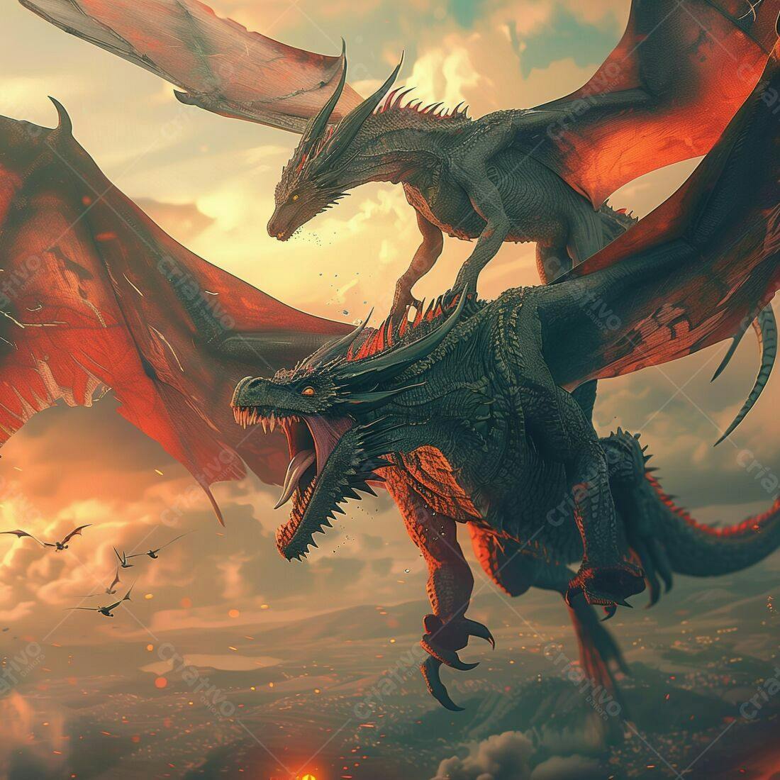 Dragões voando ao entardecer