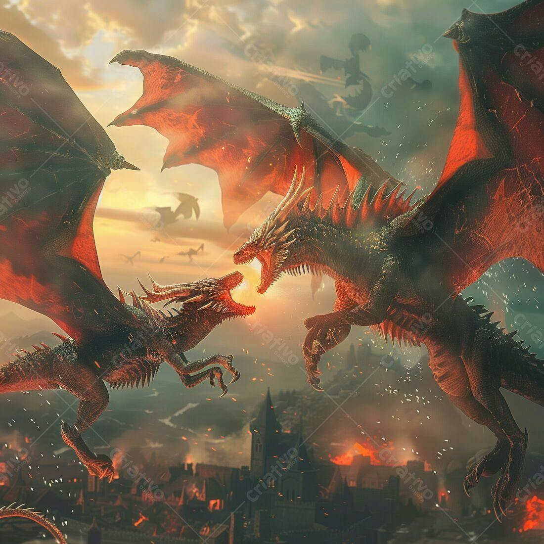 Dragões em batalha épica ao pôr do sol