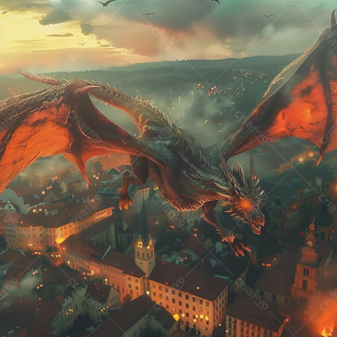 Dragão voando sobre cidade antiga ao entardecer