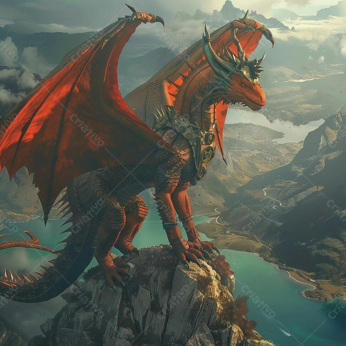 Dragão Vermelho em Montanha com Armadura