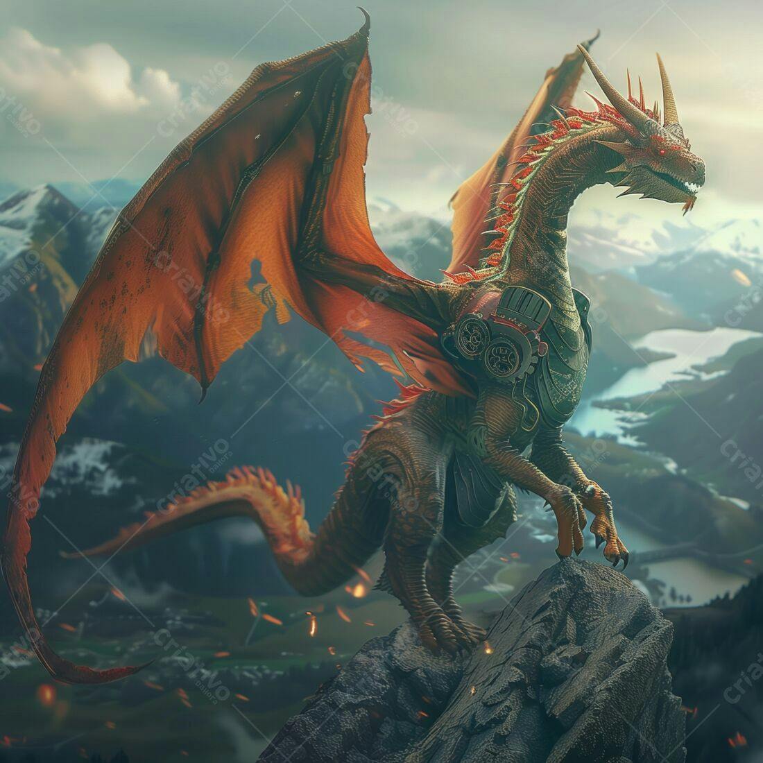Dragão Vermelho Mecânico em Montanha