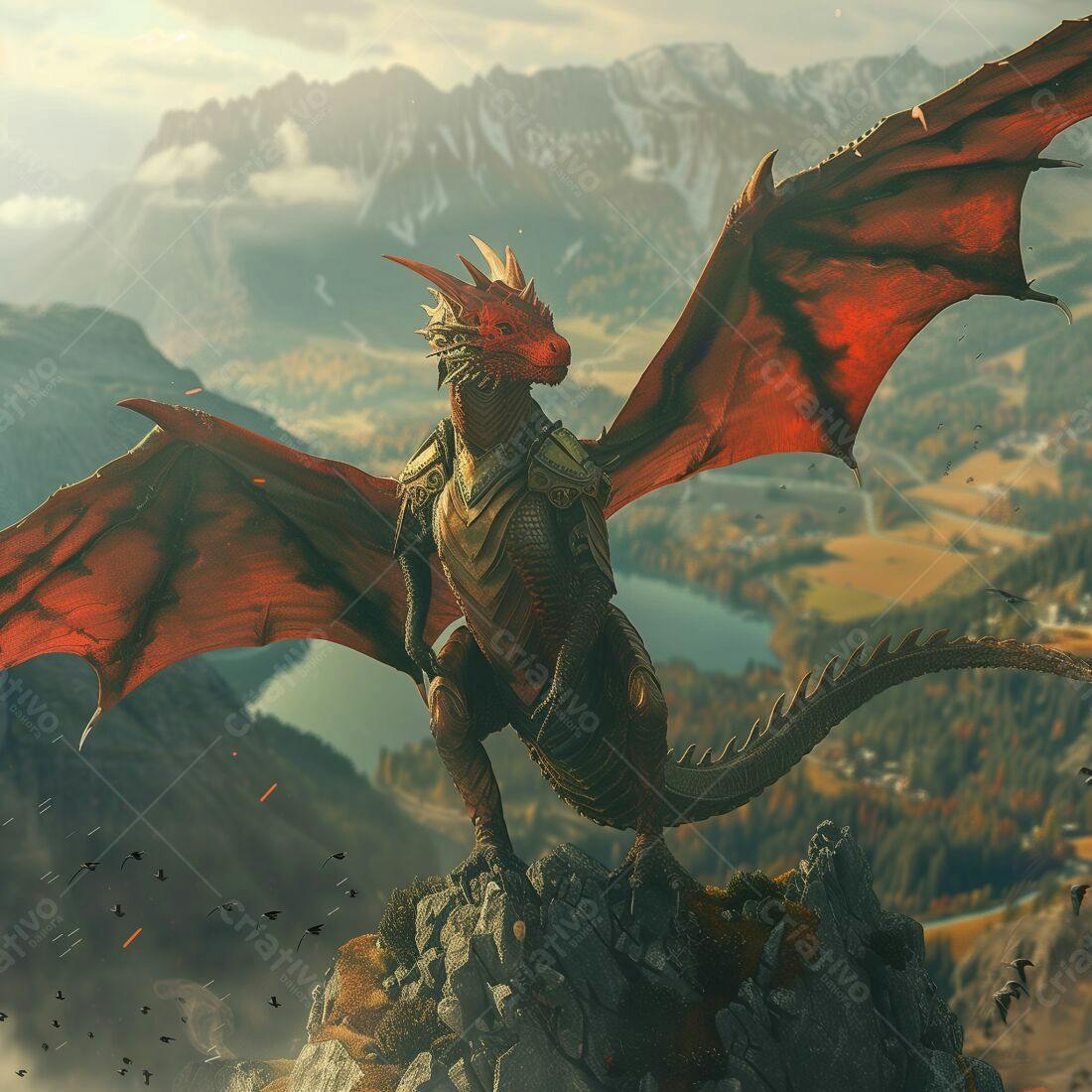 Dragão Vermelho em Montanha com Armadura