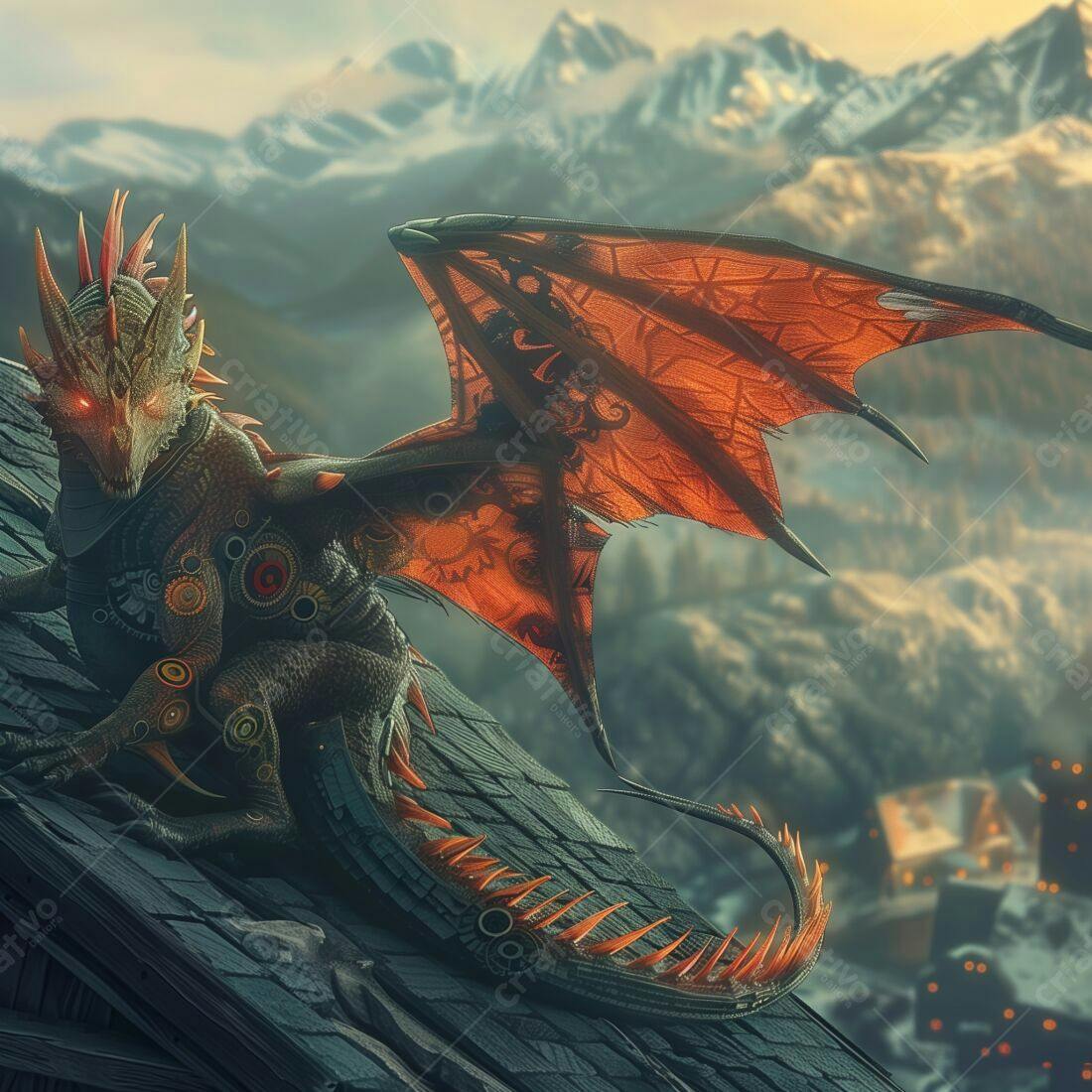 Dragão Mecânico em telhado com montanhas nevadas