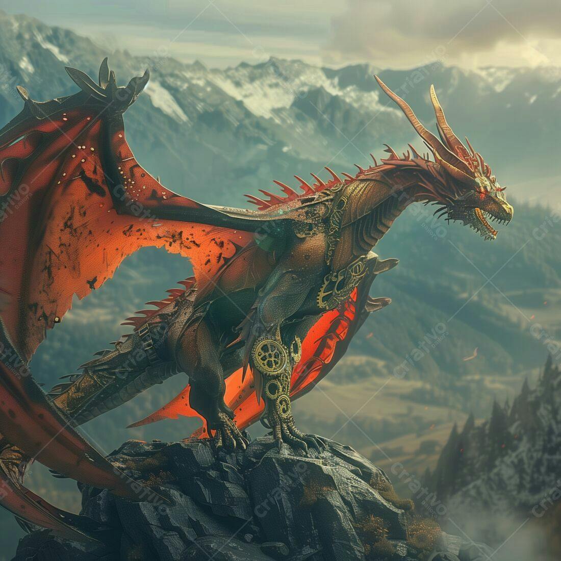 Dragão steampunk vermelho em montanha nevada