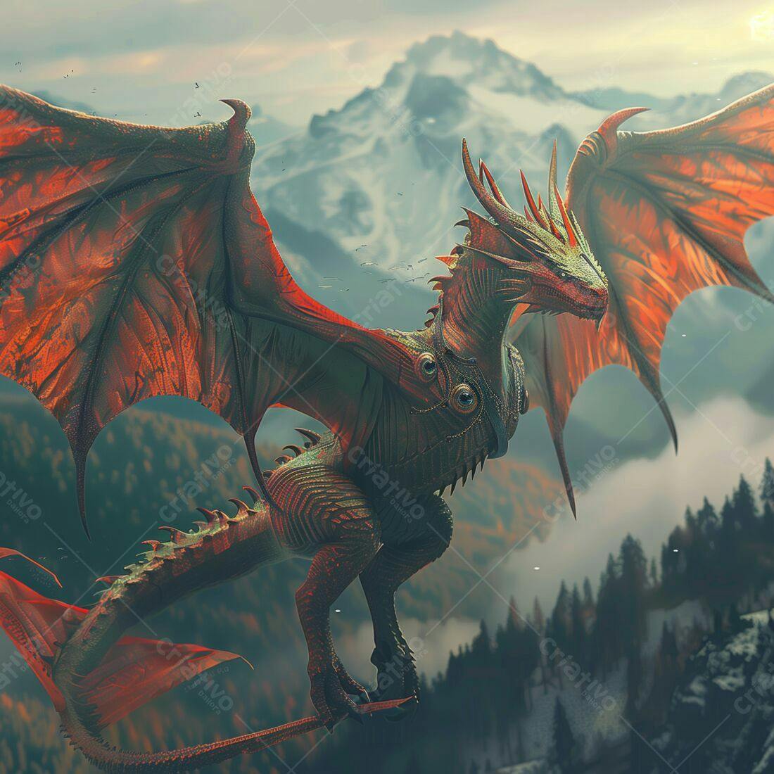 Dragão voando sobre montanhas nevadas