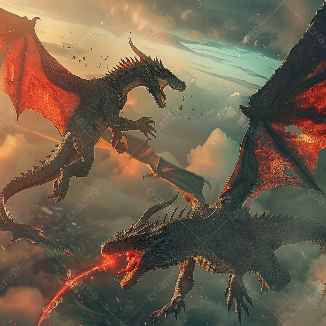 Dragões em combate aéreo ao entardecer