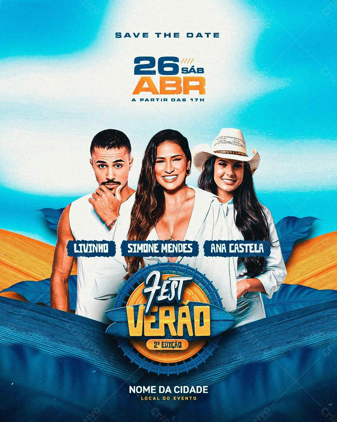 Flyer Festa de Verão com Livinho, Simone Mendes e Ana Castela PSD Editável
