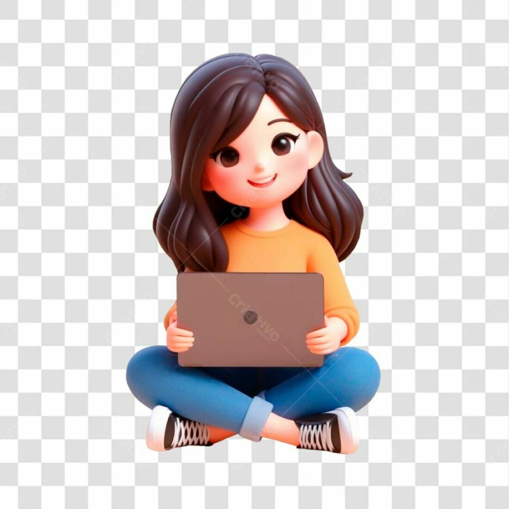 Png Personagem 3D Feminino Sentada Feliz Estilo Cartoon De Frente Com Laptop