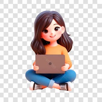 Png personagem 3d feminino sentada feliz estilo cartoon de frente com laptop