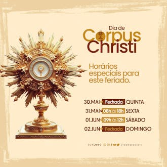 Social media dia de corpus christi horarios especiais