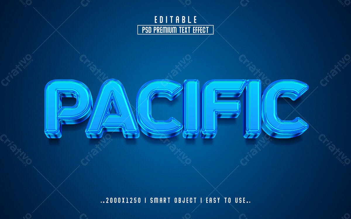 Efeito de Texto 3D Azul Pacífico PSD Editável
