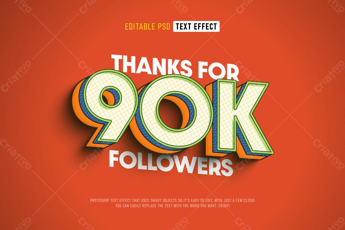 Efeito de Texto 90k Seguidores PSD Editável