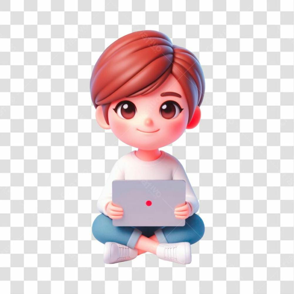 Png Personagem 3D Sentado Feliz Estilo Cartoon De Frente Laptop