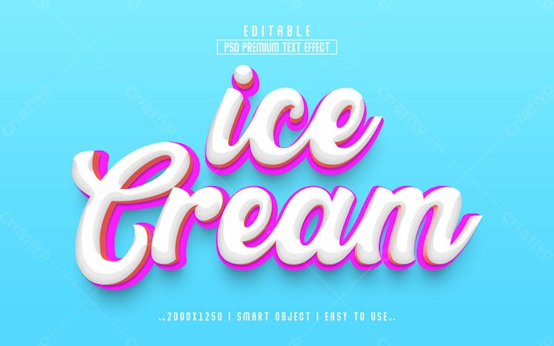 Efeito de texto editável ice cream 3d em estilo moderno