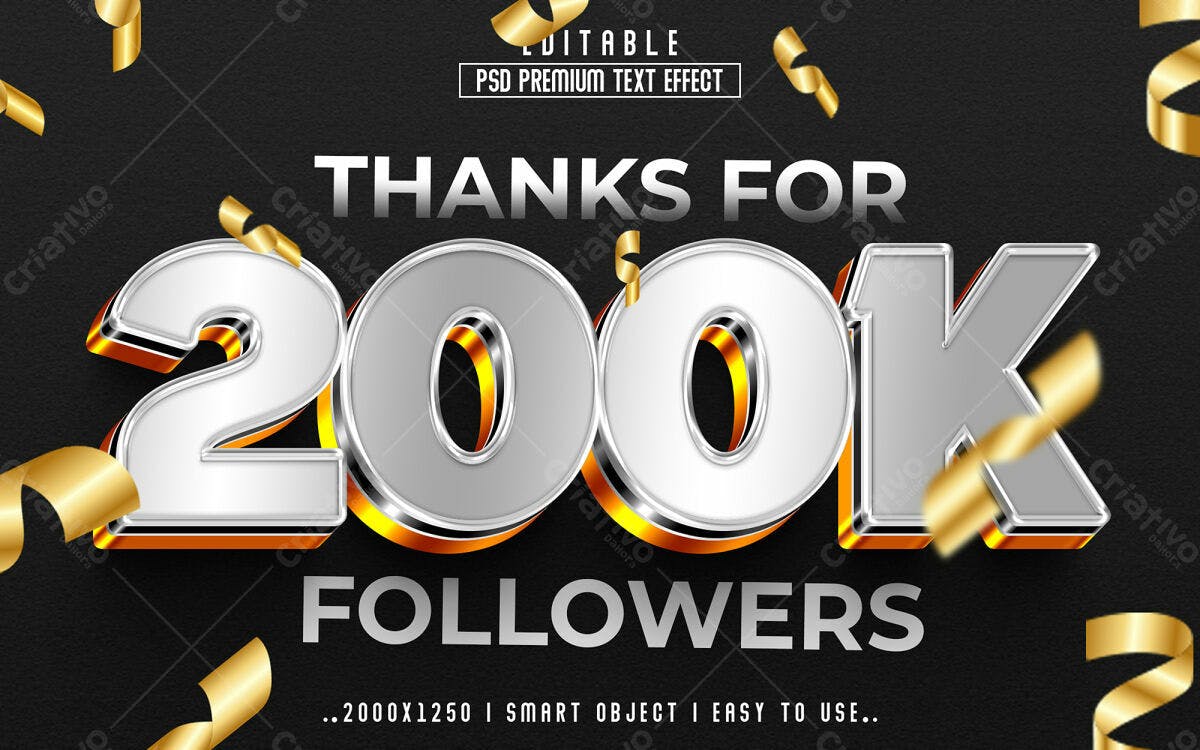 Efeito de Texto 200k Seguidores PSD Editável