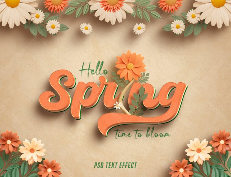 Olá primavera floral 3d efeito de texto laranja editável