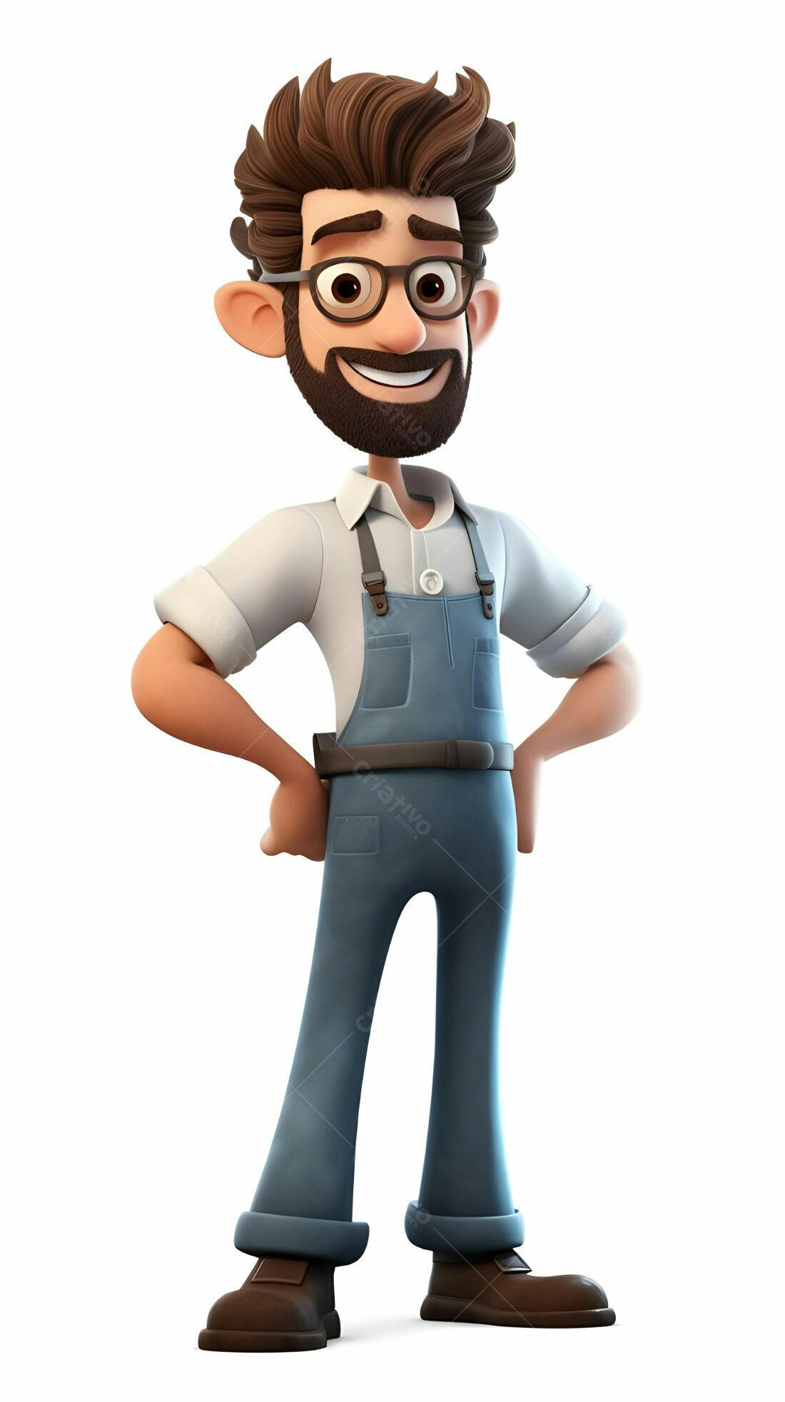 Homem de desenho animado sorridente com macacão