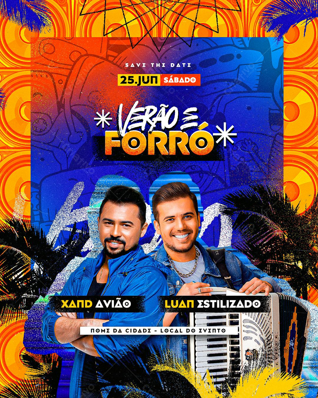 Flyer Verão e Forró com Xand Avião e Luan Estilizado PSD Editável