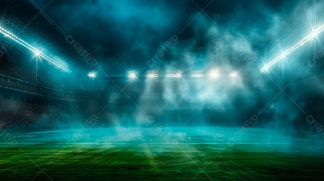 Estádio de futebol noturno com fumaça