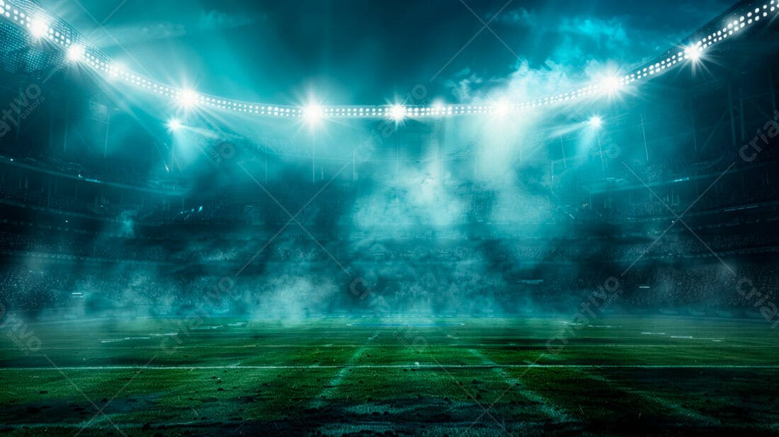 Estádio de futebol noturno com neblina