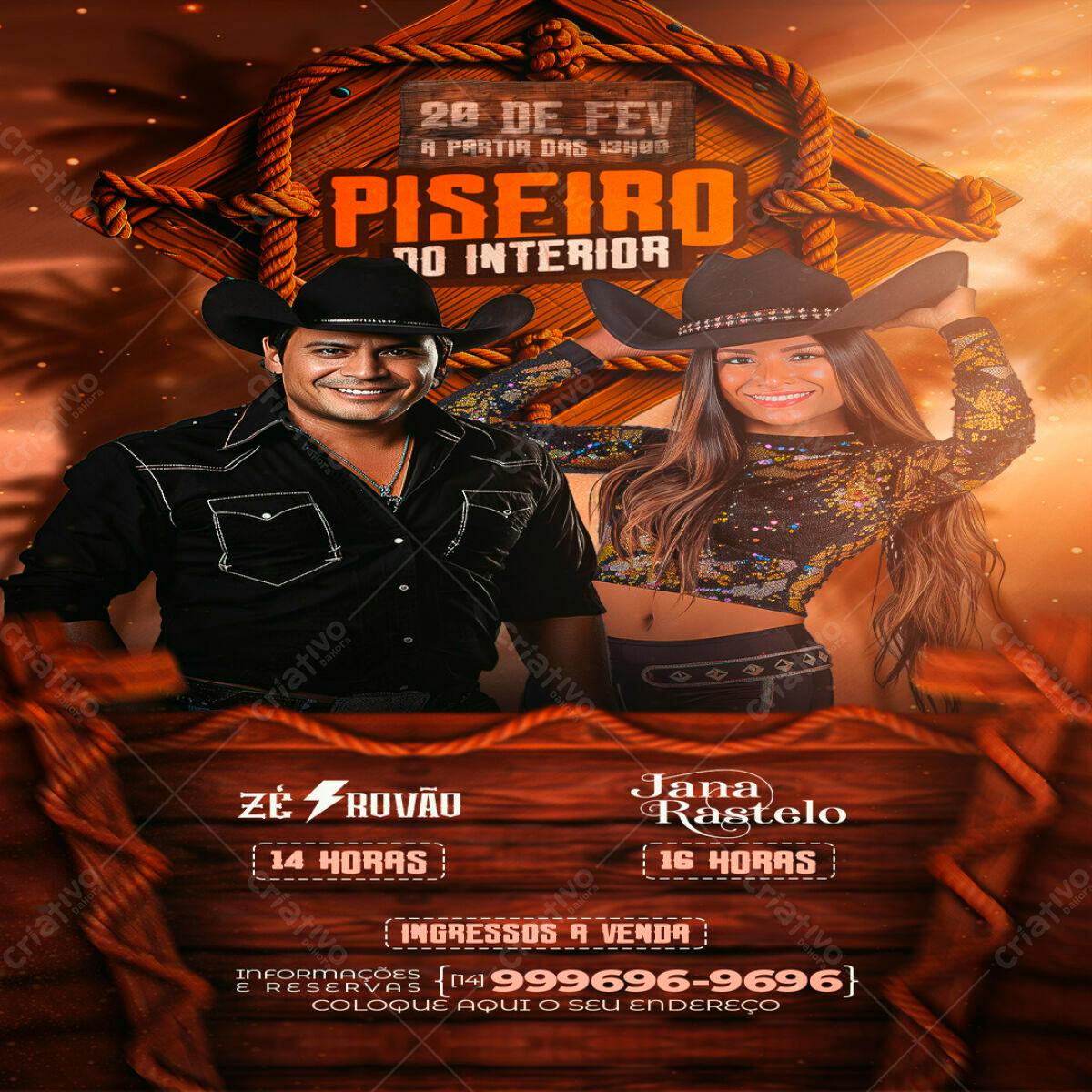 Flyer Festa Sertaneja com Zé Rovão e Jana Rastelo PSD Editável
