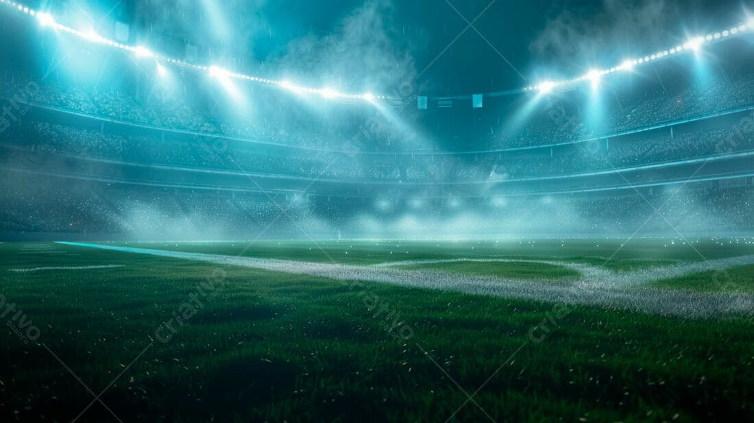 Campo de futebol noturno sob chuva