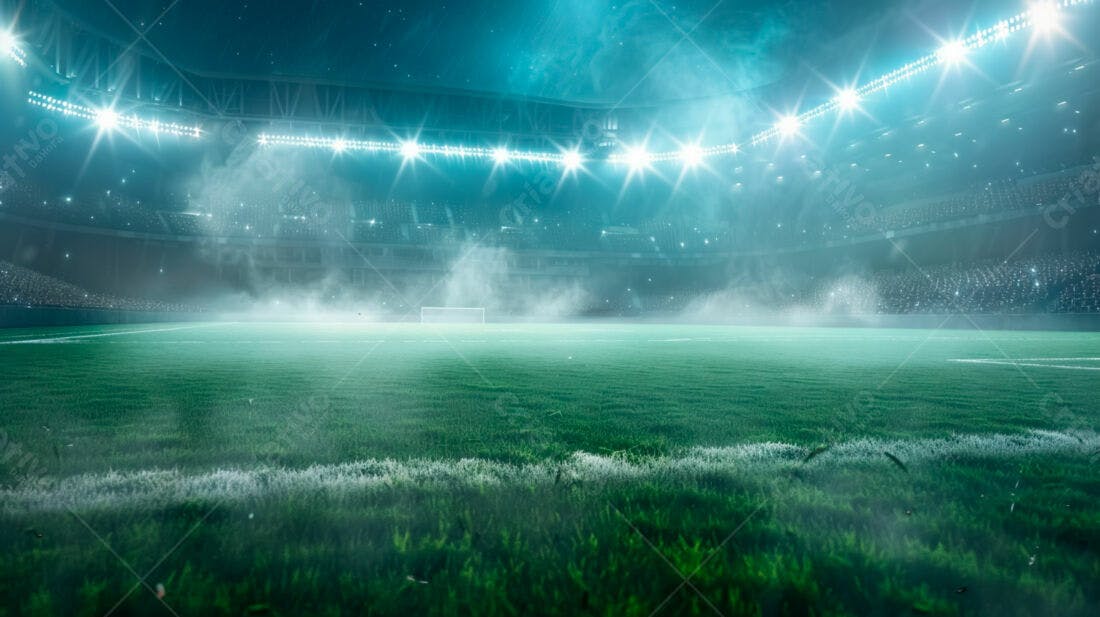 Estádio de futebol noturno com névoa