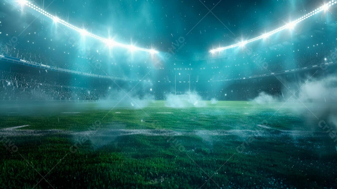 Estádio de futebol sob chuva noturna