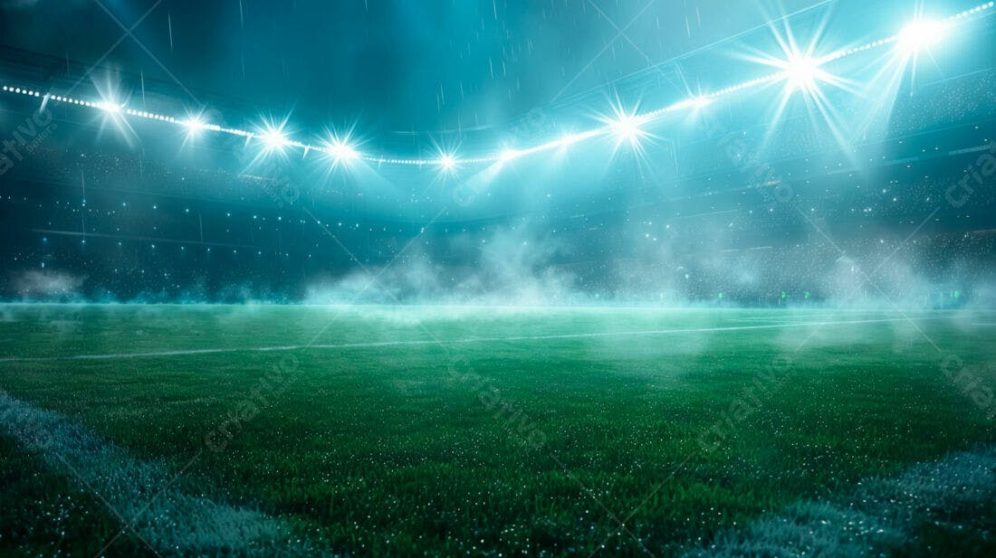 Campo de futebol noturno sob chuva