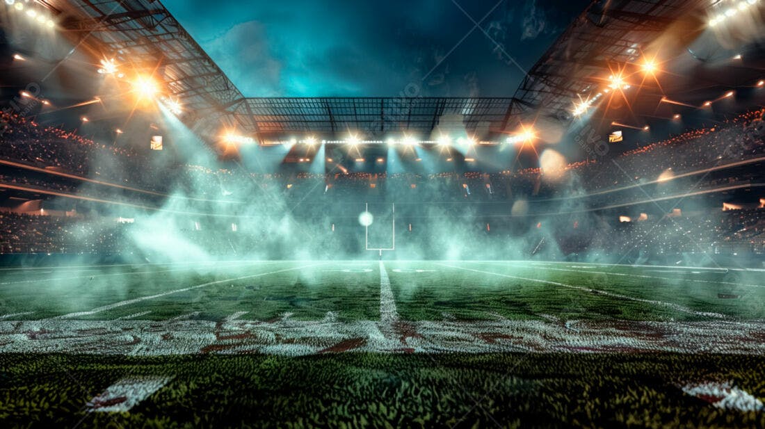 Campo de futebol americano noturno iluminado