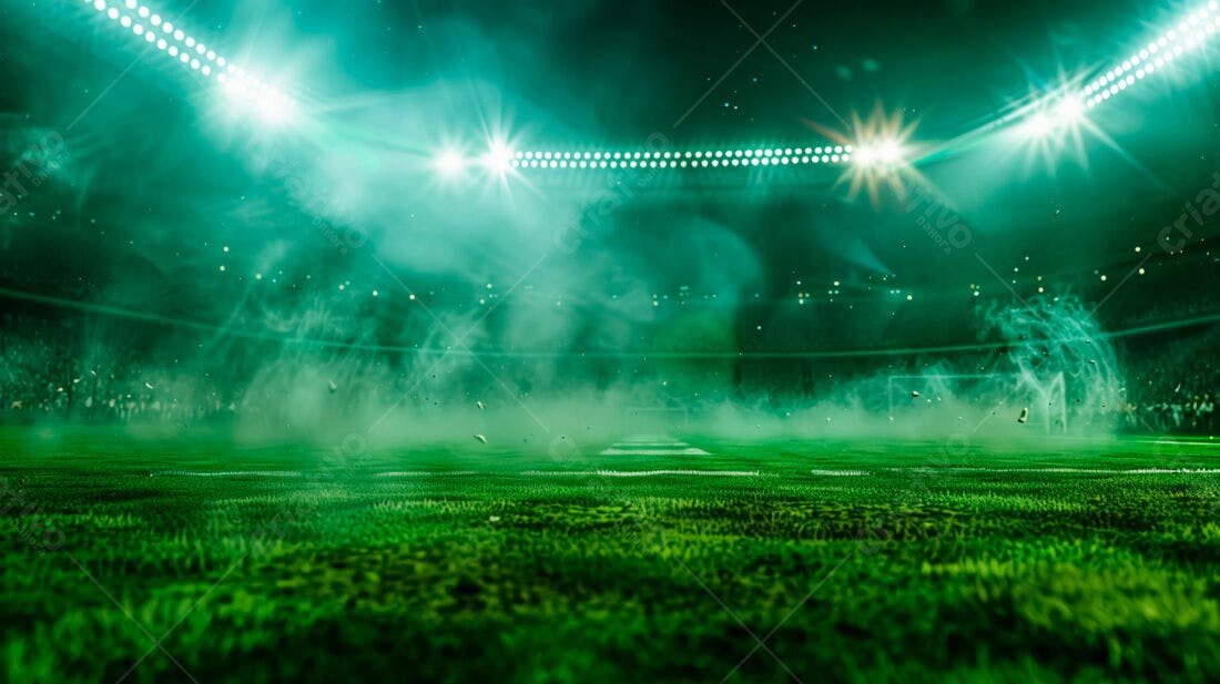 Campo de futebol noturno com fumaça verde