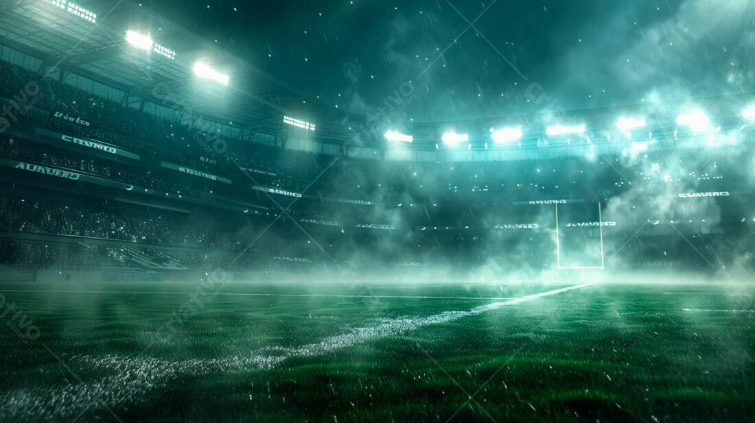 Campo de futebol americano sob chuva noturna