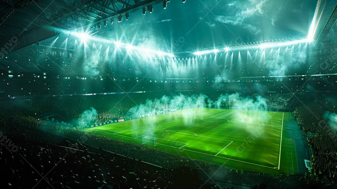 Estádio de futebol iluminado com fumaça verde