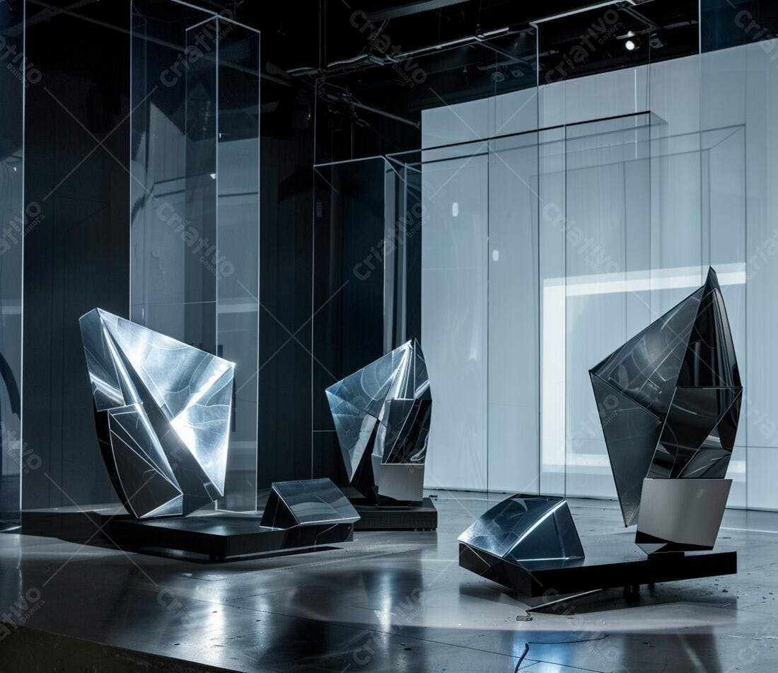 Esculturas geométricas em galeria moderna