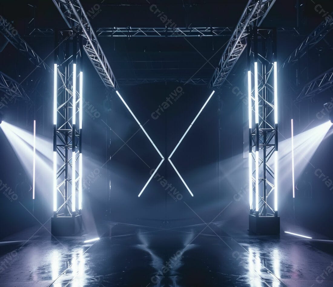 Palco iluminado com luzes brancas e estrutura metálica