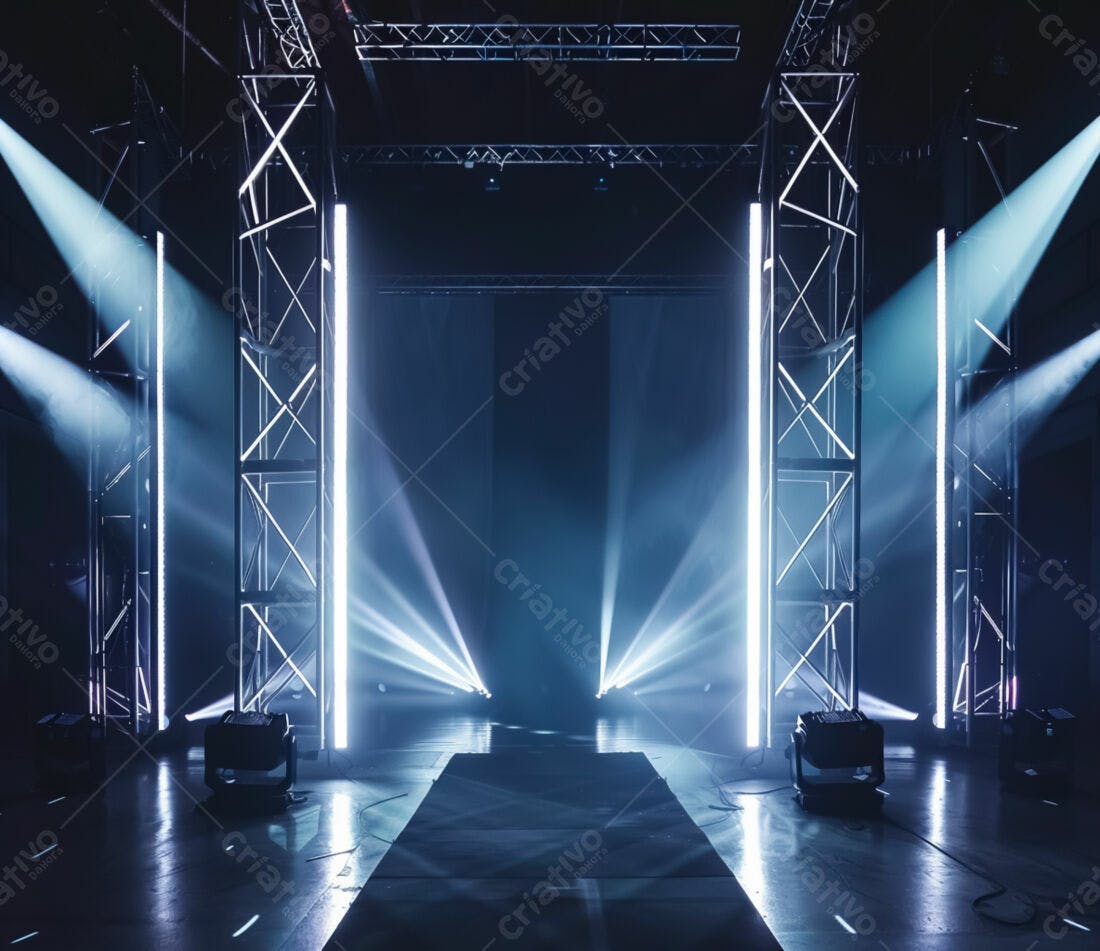 Palco iluminado com estruturas metálicas