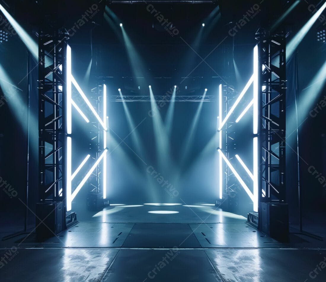 Palco iluminado com estrutura metálica e luzes neon
