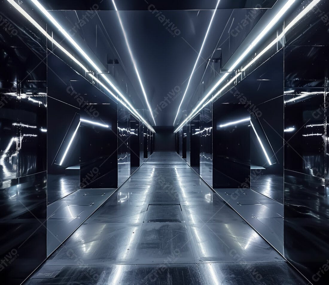 Corredor futurista com luzes neon azuis e pretas