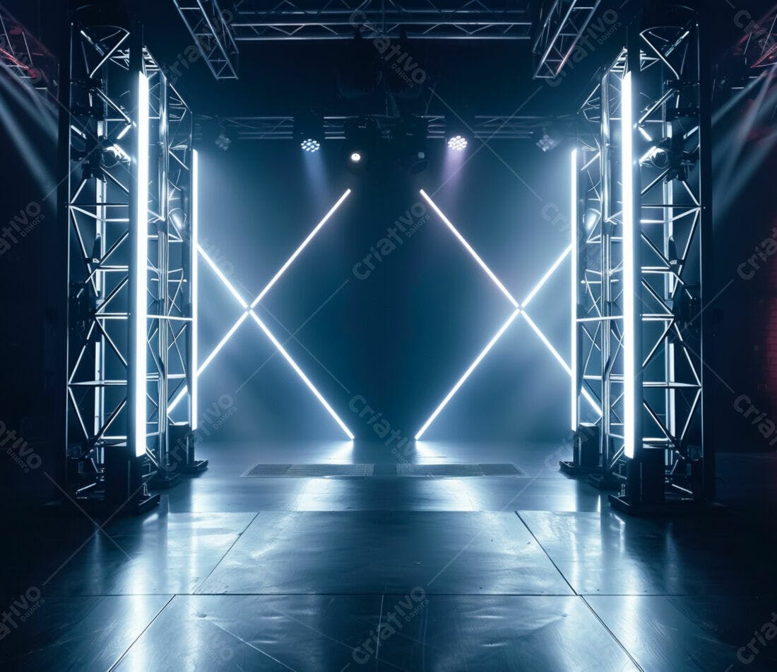 Palco com iluminação neon azul e estruturas metálicas