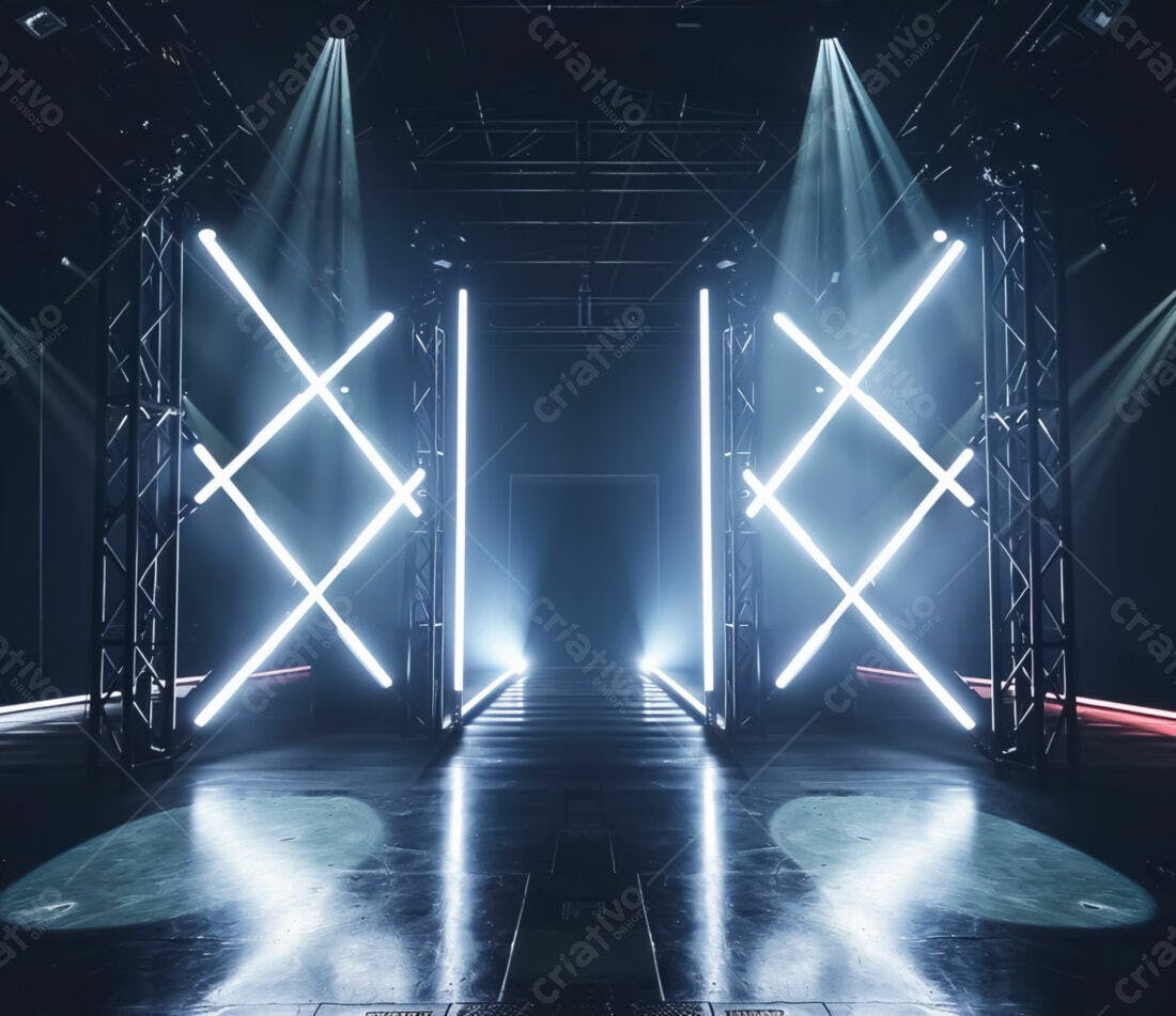 Palco iluminado com luzes neon cruzadas