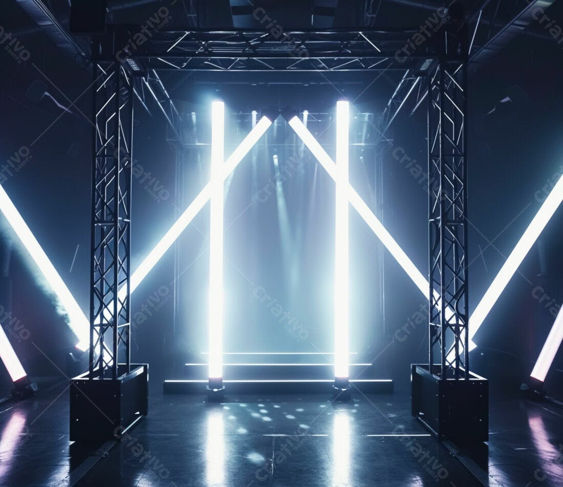 Palco iluminado com luzes brancas e estrutura metálica