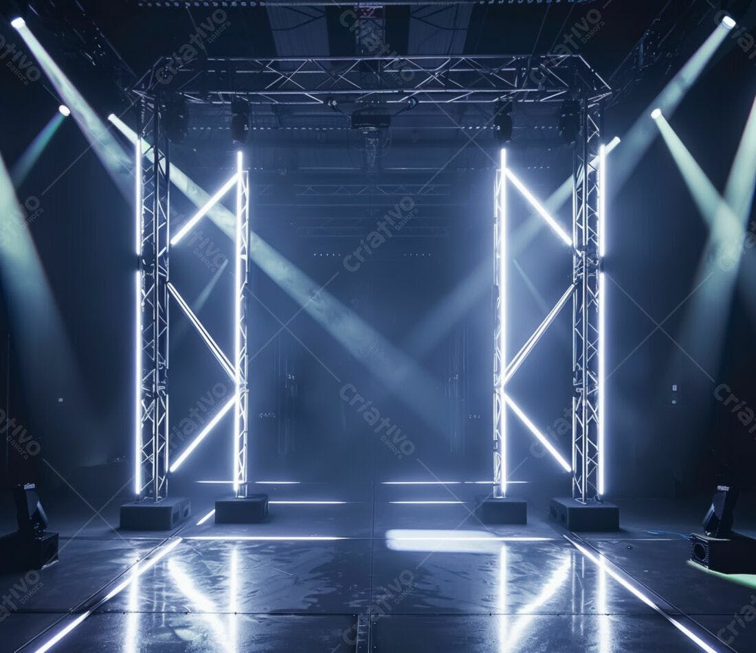 Palco iluminado com estrutura metálica