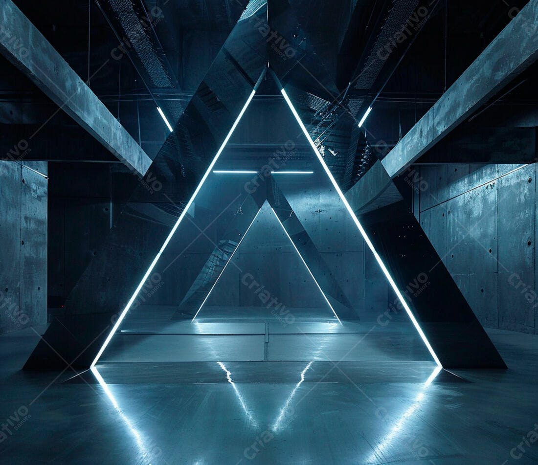 Instalação artística com triângulos de luz azul